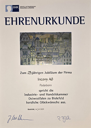 Urkunde der IHK zu 25-Jahre INCONY