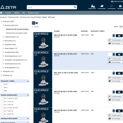 Produktliste im ZETA Webshop, der mit ANTEROS.web umgesetzt wurde