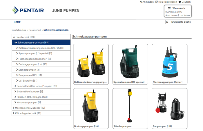 Screenshot vom Webshop der Firma Jungpumpen auf Basis der Software ANTEROS