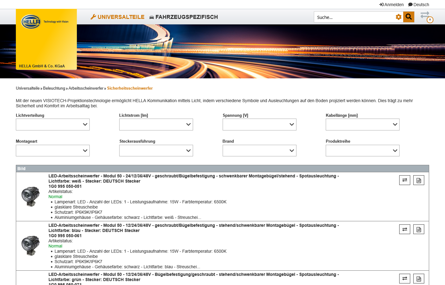 ANTEROS.web mit effizienten Filtermöglichkeiten in den Produktlisten