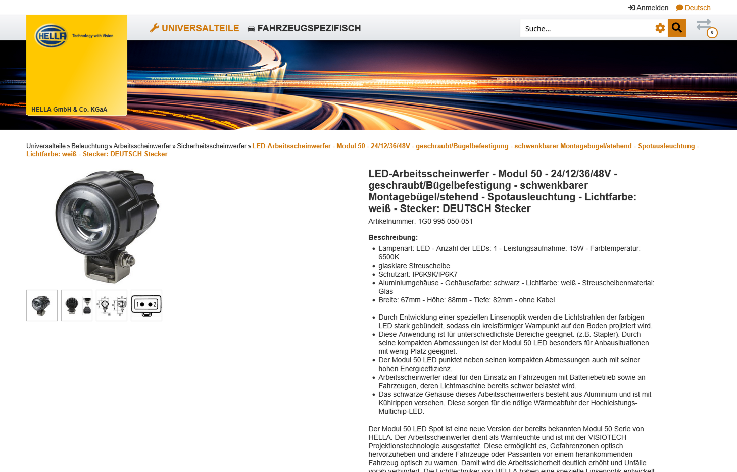 Produktdetailseite im Hella Webshop